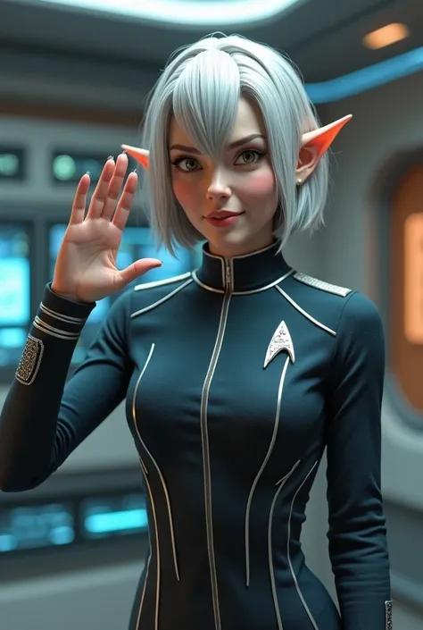 Super realistic illustration, Detailed Fantasy art, Cinema 4D rendering, 1 androgynous lady, solo, upper body, fine skin, A fairy elven lady is wearing a Star Trek uniform. looking at the viewer with Vulcan salute that Hold hand up with palm facing the vie...