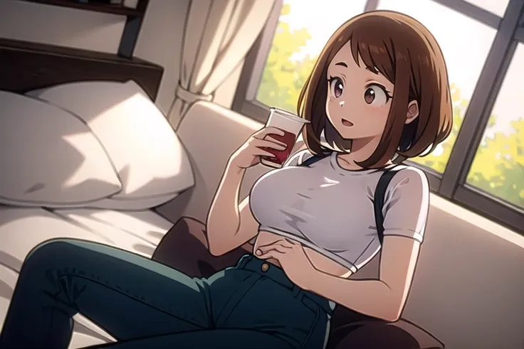 Cropped shirt、High waist pants、Leg slender、Ochaco Uraraka、I Cup、See-through bra、