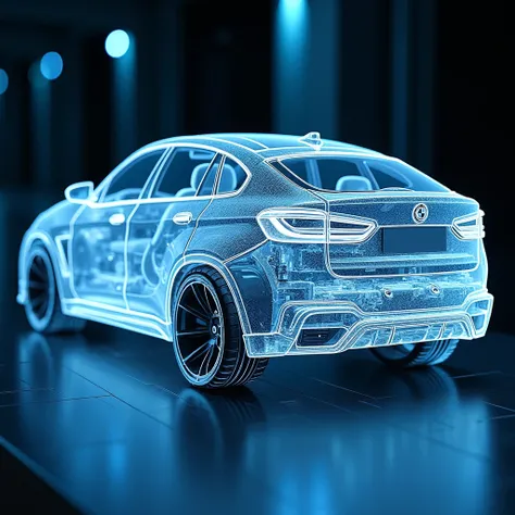 masterpiece, photorealistic, Ultra HD, 16 thousand., complex details, maximum detail, A transparent, all-diamond model of a BMW x6 with a visible, detailed cut-out combustion engine and a detailed, meticulously cut-out interior sits on a stand with bright ...