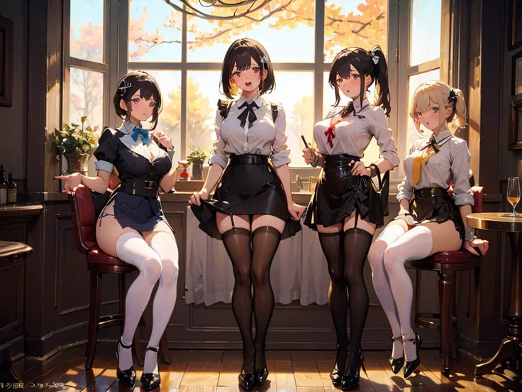 Best Quality,Masterpiece,High image quality,High resolution,(3girl:1.5),(Big Breasts:1.3),Waitress,(High Waist Skirt),raceのスカート,White ruffled blouse,Headdress,ribbon,race,See-through,Shiny tights,raceのパンティ,skirt lift pov,show panties,Detailed cloth texture...