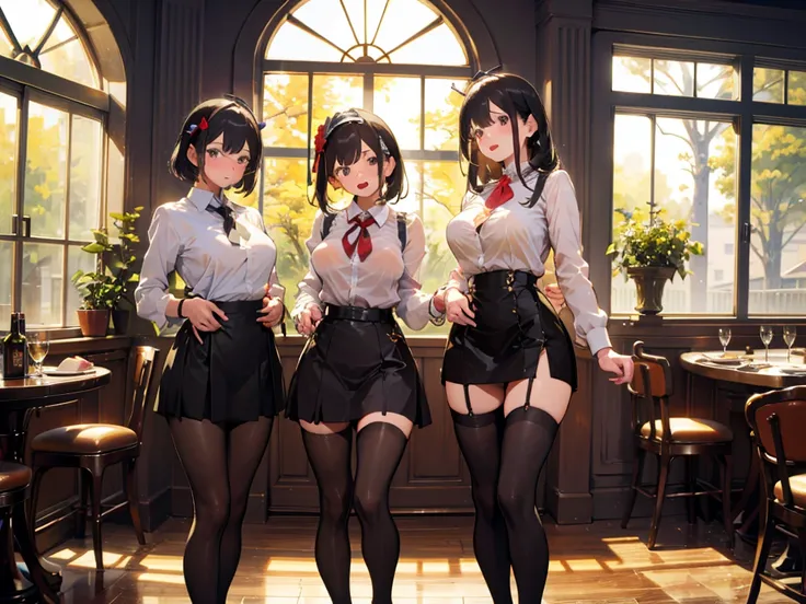 best quality,masterpiece,high image quality,high resolution,(3girl:1.5),(big breasts:1.3),waitress,(high waist skirt),raceのスカート,...