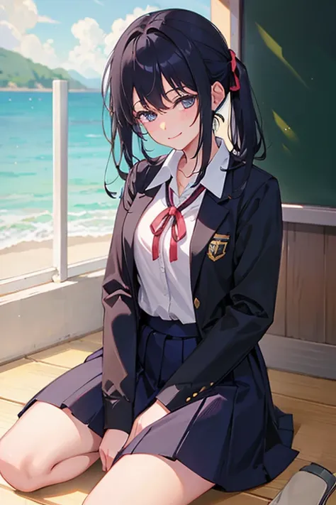 a girl  closed eye smiling ,sitting on the floor, school dress , black hair