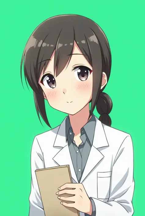 anime style, make a character, in the assistant style, looking at the camera with a white coat, and a notepad in hand.
background in a single green color