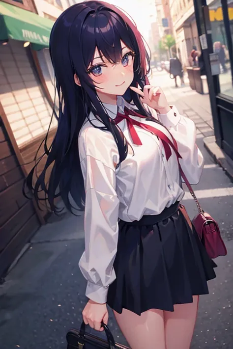 a girl closed eye smilinghand on the cheek long sleevd top and skirt , black hair