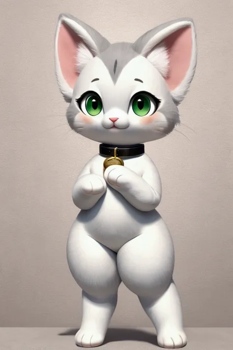 Small slim female plush kitten with nice big thighs and gray and white fur and cute green eyes and she is wearing a full body collar and she is a toy and has life.