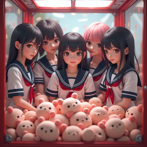 5 Sexy Tiny JK Girls becomes a prize in a claw machine, Trapped in Crane Game machine, Buried in a stuffed dolls, (RAW PhotoRealistic:1.6), Specular Reflection, Different types of hair colors, Joyful Expressions LifeLike Rendering