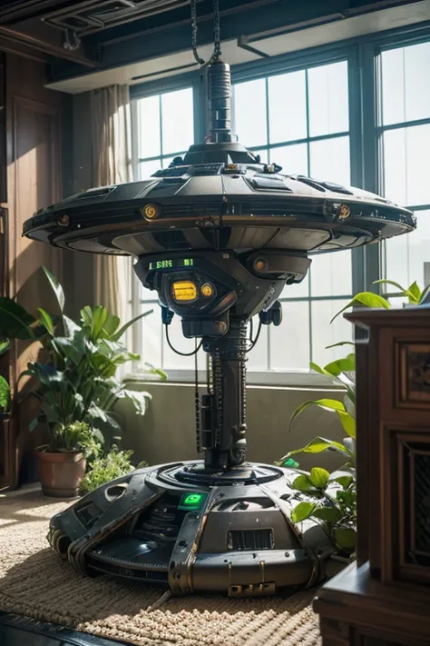 A single organic steampunk robot sci-fi UFO sits on the floor of a modern living room covered in plants and carpet., Modern interior design, High-quality images, Very high resolution, (photorealistic:1.4), Lighting systems for cinemas, In great detail, Rea...