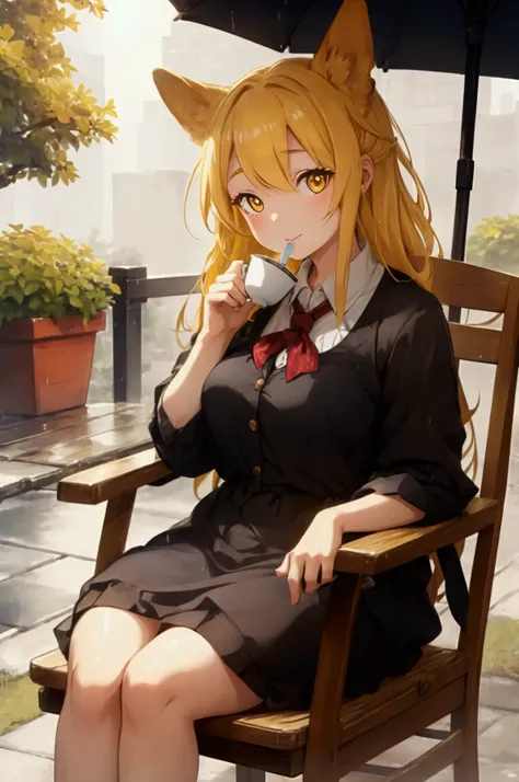 anthropomorphic female corgi, sitting on chair outside, raining, sipping tea, has human skin, yellow hair, outside
