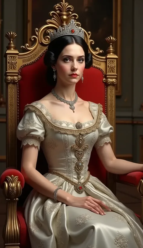 A very beautiful and young Queen Victoria, Formal wear, crown, Sitting on the throne,dark brunette hair