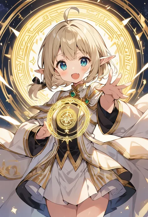 1 cute girl,
(light gold hair, lob hair, low ponytail, ahoge, black bow),
(Elf ear),
(dark aqua eyes, tareme),
smile,
open mouth, fang,

looking at viewer,

(white cape, gold line),
(white Monarchs clothes, gold line),
(white skirt, gold line),
(with a glo...