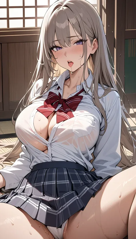 1scene,high quality,Super High resolution,High resolution illustration,masterpiece,Extremely detailed,High resolution,Japanese,(beautyfull girl has grossy lips ) ,school uniform,saliva,sweat,Medium chest,moist skin,Fascinating,hand inside shirt,Beautiful c...