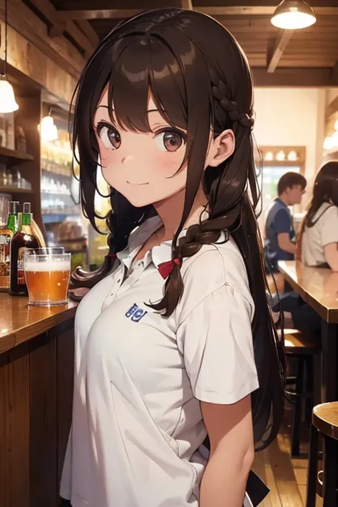 One girl, Brown hair braids,Polo shirt,A pub with many customers,College Freshman,Welcome party