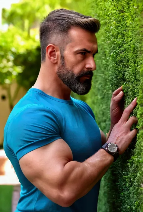 Handsome man, t-shirt, Manly and sexy in casual clothes, with a modern, vibrantr fashion., strong and muscular legs, large lump, Ultra realistic 8k masterpiece with high detail of garden. , close up , bodybuilder, wide legs,( bulging crotch ,  short beard,...