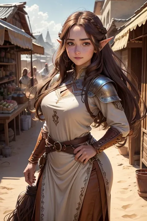 A beautiful village woman with a gentle smile, ((best quality))) (((HD))) (((8k))) (character) 20-year-old woman, ((adventurous)) elf, ((beautiful)), ((brown hair)) and ((very long hair)), voluptuous and chunky design, fit body, fully clothed, long dress, ...