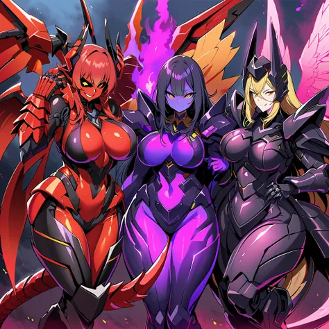 anime, high detailed, multiple womans, mature womans, dark mecha armor, large mechanical wings, evil grin, large clawed gauntlet...