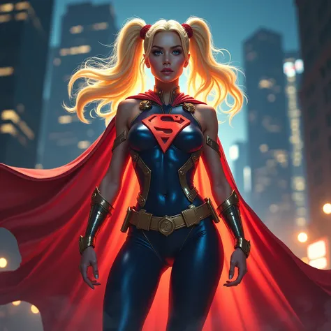 night、Searchlight、A muscular female superhero wearing an elaborate, revealing uniform in vibrant metallic pink with metallic sky blue accents、Fluttering Cape、Brave pose、Dynamic Action、Dramatic lighting、Photorealistic、8k、Super detailed、Intricate Design、Bold...