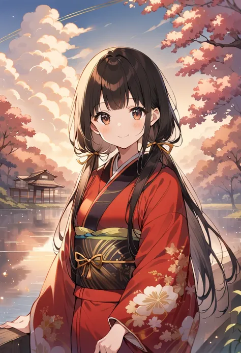 1 cute girl,
(black hair, long hair, low twintails, straight hair, gold ribbon string),
(dark brown eyes, tareme),
smile,

looking at viewer,

(Japanese Kimono costume, gold line),

cowboy shot, solo,

(depth of field),
noon sky, little cloud,
nandina by a...