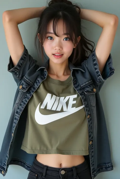 A Japanese woman wearing a khaki Nike t-shirt with her arms raised and her mouth open, showing her armpits, Black denim, blue eyes, Denim jacket