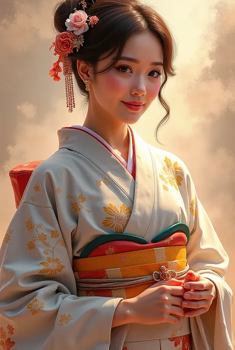 masterpiece, The best quality, high resolution, Hair ornament for 18 y/o girl, hourglass body, kimono, smile
