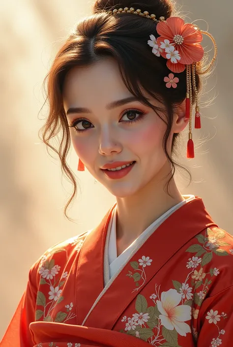 masterpiece, The best quality, high resolution, Hair ornament for 18 y/o girl, hourglass body, kimono, smile
