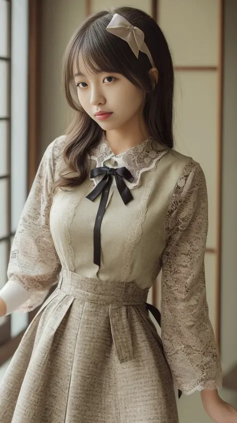 Japanese woman in a short tweed dress with a lace blouse and ribbon