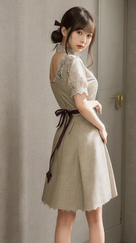 Japanese woman in a short tweed dress with a lace blouse and ribbon