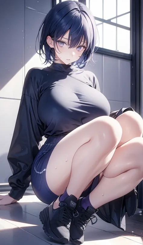 Dark Blue Hair, Dark blue-grey eyes, Big Breasts, short hair, Straight Hair, One Girl, High resolution, whole body, sweat, purple clothes, 