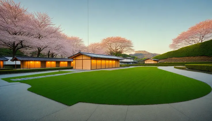 modern craft resort, sakura trees, greenery landscape, in the center of city, crowded people, clear sky, day light time, warm li...