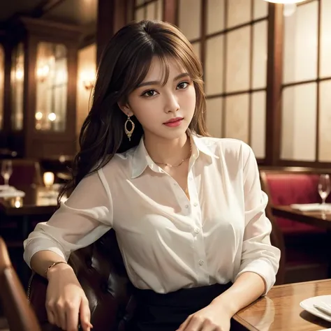 masterpiece, highest quality, Realistic, Very detailed, Finer details, High resolution, 8k wallpaper, One beautiful woman, Wear an elegant see-through shirt, In a great restaurant, At night, Light brown messy hair, Perfect dynamic composition, Beautiful an...