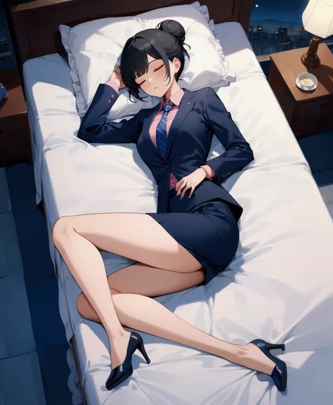 beauty American business woman at night scene, lying down on futon, lying on flat, sleep with turning face up, sleeping, closed eyes, she is in black hair (+swept-side bangs, messy bun hairstyle), wears navy-blue long sleeves blazer, pink shirt with navy-b...