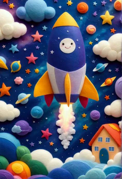 A felt rocket flies into a dreamy universe, surrounded by felt stars and felt nebulae, showcasing gentle handmade details and color gradients. It adopts a warm felt art style, emitting soft light and shadow interlacing, and presenting the texture of felt t...