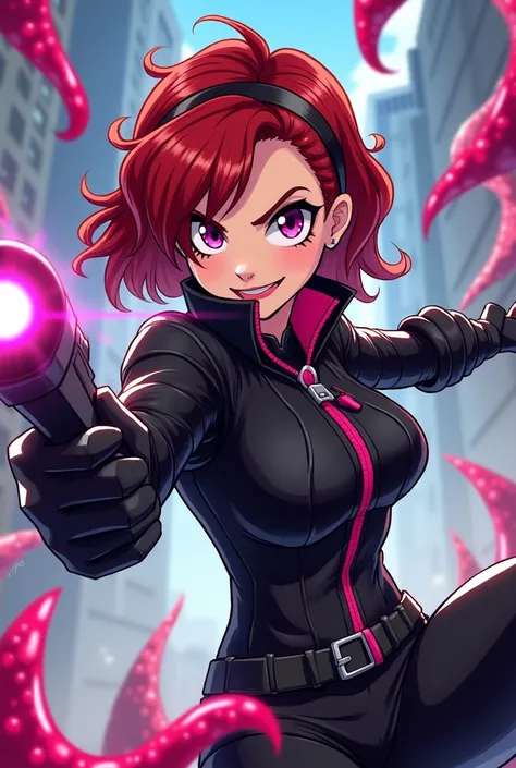 From Marvel in Disney Infinity style Anime-style Black Widow villain fights with gun and slime. Cheeky My Evil – Black Jacket with Pink Zipper