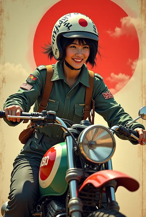 Art Style: a smart, young, , Smiling Japanese woman with messy short hair, He is wearing a Japanese military flight suit with a Japanese flag patch on his shoulder., Confident on a vintage bike painted in Zero fighter colors々Get on. On her head, the words ...