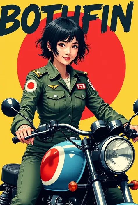 Pop Art Style: a smart, young, , Smiling Japanese woman with messy short hair, He is wearing a Japanese military flight suit with a Japanese flag patch on his shoulder., Confident on a vintage bike painted in Zero fighter colors々Get on. On her head, the wo...