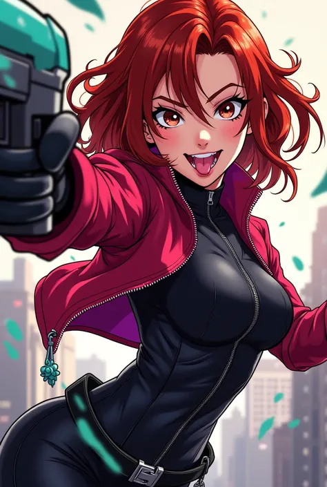 From Marvel In Infinity Anime style Black Widow sticking out tongue Fighting with gun and with slime Cheeky my evil Red jacket with pink zipper