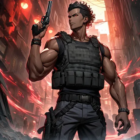 Ultra detailed, highres, absurdres, HDR,black man, black hair, fade cut with curly hair on top, red eyes, bulletproof vest, knives on his waist, revolver, a black metal bracelet on his left hand, a red aura, height of 1.68, average physique,dark skin