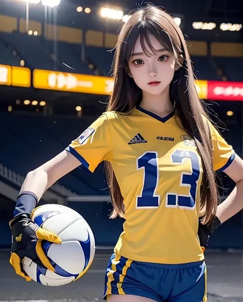 Baby  girl, with long hair straight, football jersey 70 in shirt, high detailed, realistic, ultra realistic, football yellow t shirt and ((football shinny blue short pant)), blue football skin shirt, hand gloves goal kick ,as goal keeper ((red eyes))