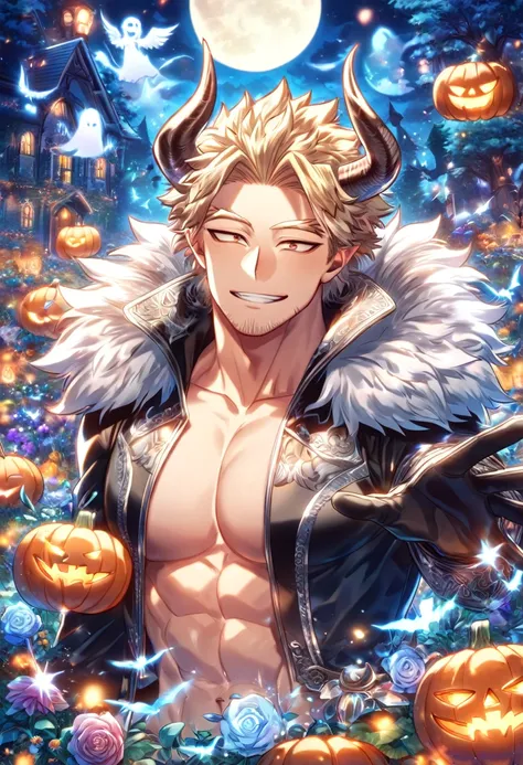 absurdres, highres, ultra detailed, HDR, master piece, best quality, detailed eyes, Hawks, ash-blonde hair, expressive brown eyes, faint stubble, Boku No Hero Academia, solo, sexy man, handsome, sensual, smiling, fantasy, magical, adult face, mature, demon...