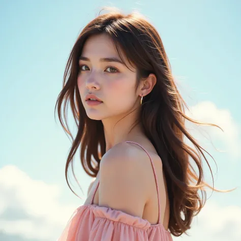 A photorealistic image of a young woman with long, wavy brown hair flowing in the breeze, wearing a light pink, delicate dress. Her expression is gentle and thoughtful as she glances over her shoulder. The scene has a soft, watercolor-like effect with ligh...