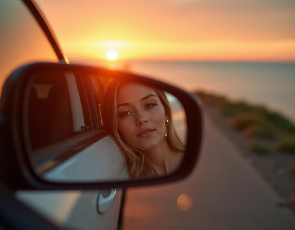 1 side mirror, woman getting out of car and leaning against it, beautiful woman reflected only in side mirror,  A comfortable face, side mirror view with dazzling sunset background, side mirror reflection. next to the reflecting ocean, summer setting, duri...