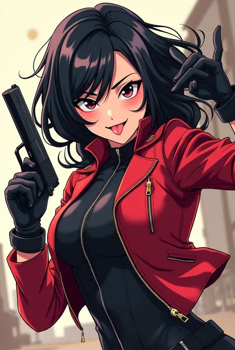 From Marvel In Infinity Anime Style Black Widow Black Hair Sticking Out Tongue Fighting With Gun And With Slime Naughty My Evil Red Jacket Black Zip 