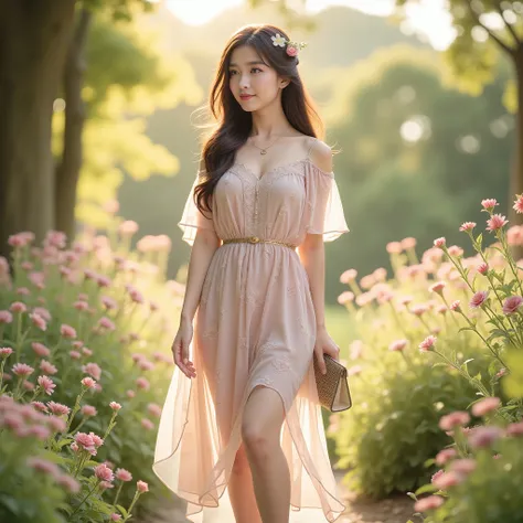 A graceful asian woman standing in a dreamy, softly lit garden filled with blooming flowers and delicate greenery, embodying the essence of romantic fashion. She is dressed in a flowing, knee-length dress made of light chiffon, featuring a subtle floral pr...