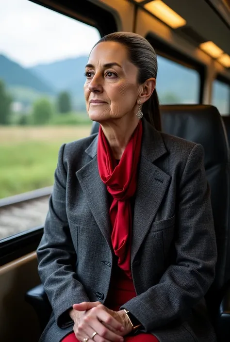 A 60 year old woman, with discreet elegance, She is sitting in one of the carriages of a high-speed train. She wears a long grey wool coat and a red silk scarf that contrasts softly with her silver hair., carefully combed back. The camera is located at a h...