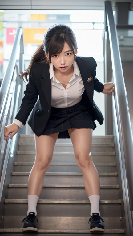 Escalator Skirt、Short coat、(Lower body close-up))、Rear View、((Panty shot))、((Detailed face))、((Symmetrical eyes))、((Detailed eyes))、Very low camera angle、((Leaning forward)).Panties under skirt.She turned to the cameraman..The pants are tucked into the ski...