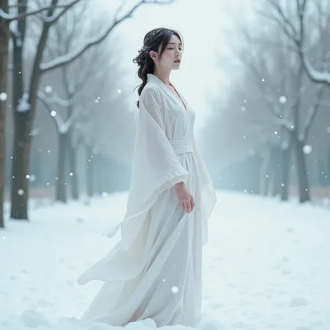 A Mesmerizing Image of a Woman in a White Yukata, Dissolving into the Snow:

Main Focus: A serene and ethereal figure of a woman wearing a flowing white yukata, gracefully standing in a snow-covered landscape. Her form appears to be slowly dissolving into ...