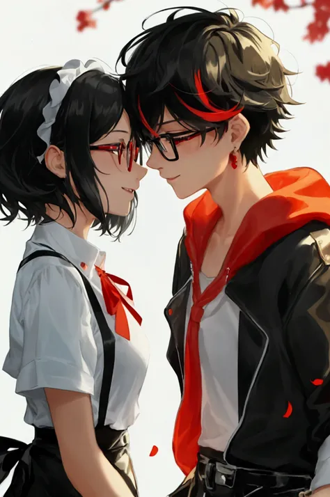 Make a picture of a girl with short hair down to her neck and that is black with crimson tips, In addition to wearing glasses and having dark red eyes, cheerful and dressed as a waitress and next to her a boy with black hair and crimson streaks, that he we...