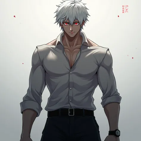 Boy have red eyes and have white  hairs and he is  his name is kokineto and have a  muscular body also have short hairs. And show it with whole body.


