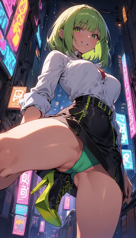 Beauty　smile　Green Hair　Bobcut　lipstick　tits　White shirt　Roll up your sleeves　Tight skirt　underwear　pubic hair　High heel boots　stand　Leg spread　front　Neon city at night　In the shade　Cyberpunk　Narrow back alley　Shooting from below