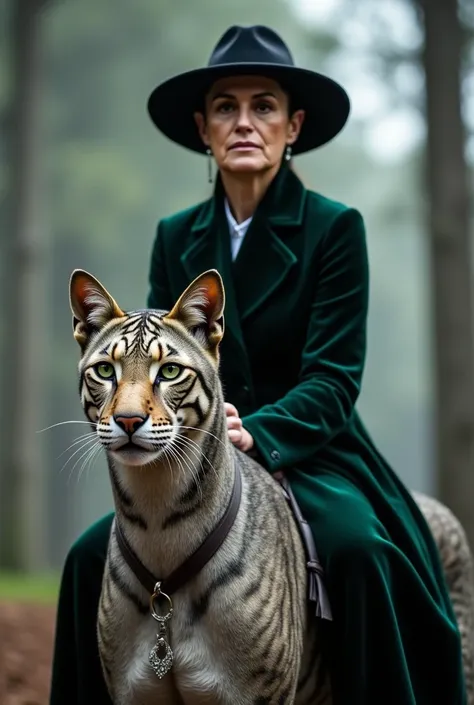 A 60 year old woman, with an elegant and confident bearing, She is mounted on an imposing giant cat with soft, silver-grey fur.. She is wearing a long dark green velvet coat, which contrasts with the feline&#39;s fur, and wears a wide-brimmed hat that cast...