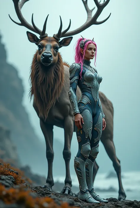 A attractive beautiful very young elemental Forester girl, with a familiar gaint elk by her side, with European face features, both facing front, pink hair color wearing treasure grade futuristic cyberpunk battle armor technology, with illuminatng high tec...